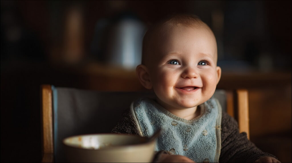 Beba sedi u hranilici sa portiklom, ispred nje se nalazi činija sa kašicom
