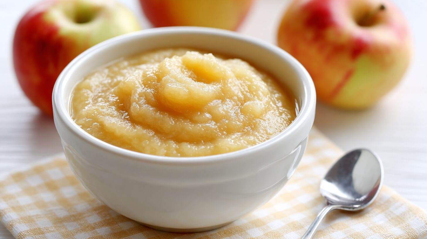 Bela činija sa domaćom kašicom od jabuke, pored koje se nalazi kašičica i nekoliko svežih jabuka u pozadini