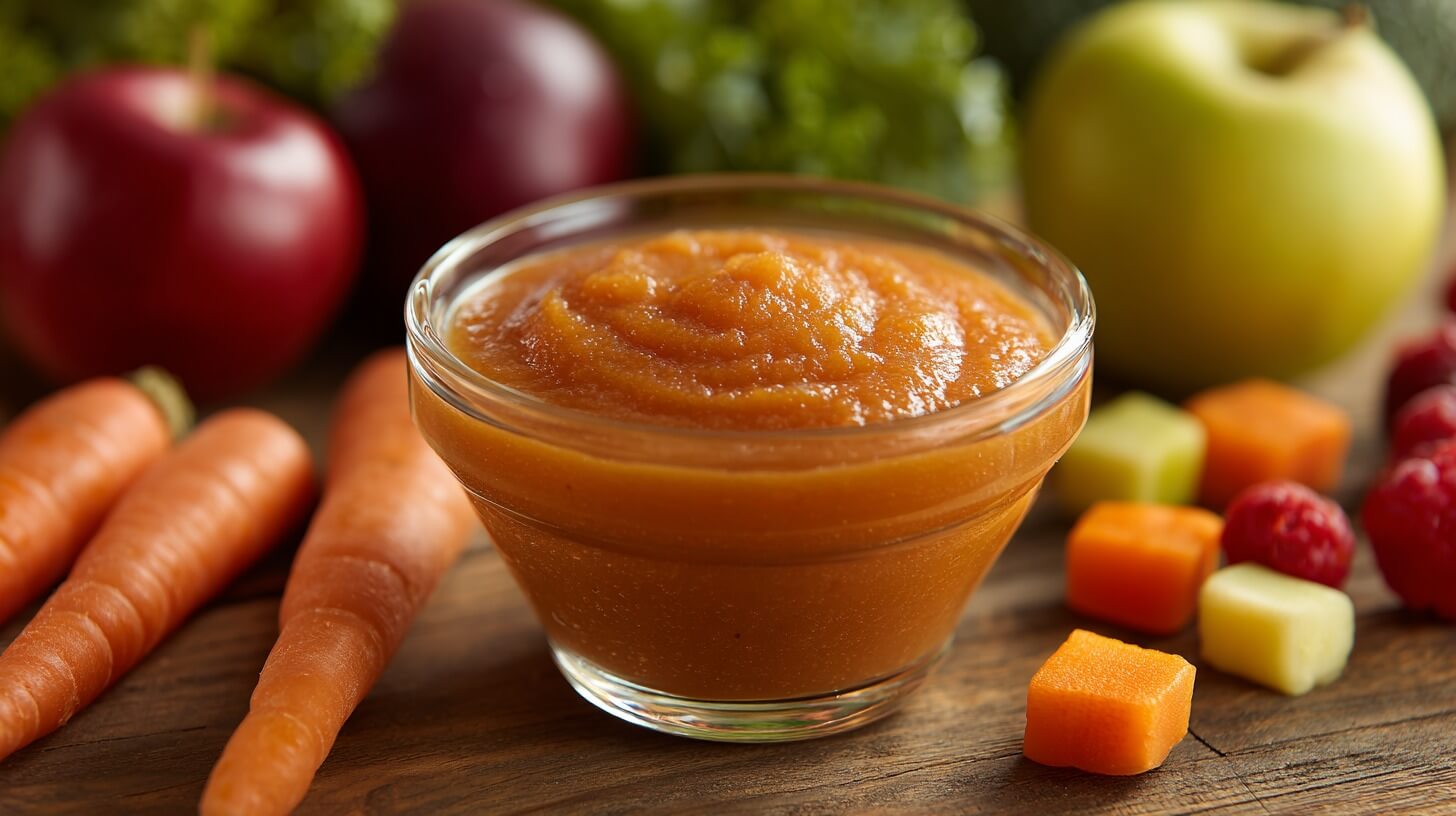 Staklena činija sa domaćom povrtnom kašicom od šargarepe, okružena svežim povrćem, voćem i kockicama namirnica na drvenoj podlozi